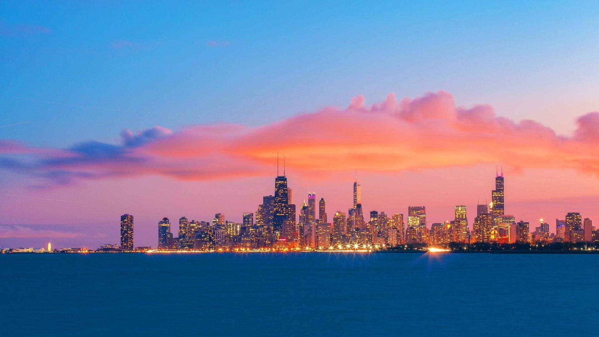 Stunning Colorful Sunset Chicago Skyline Background