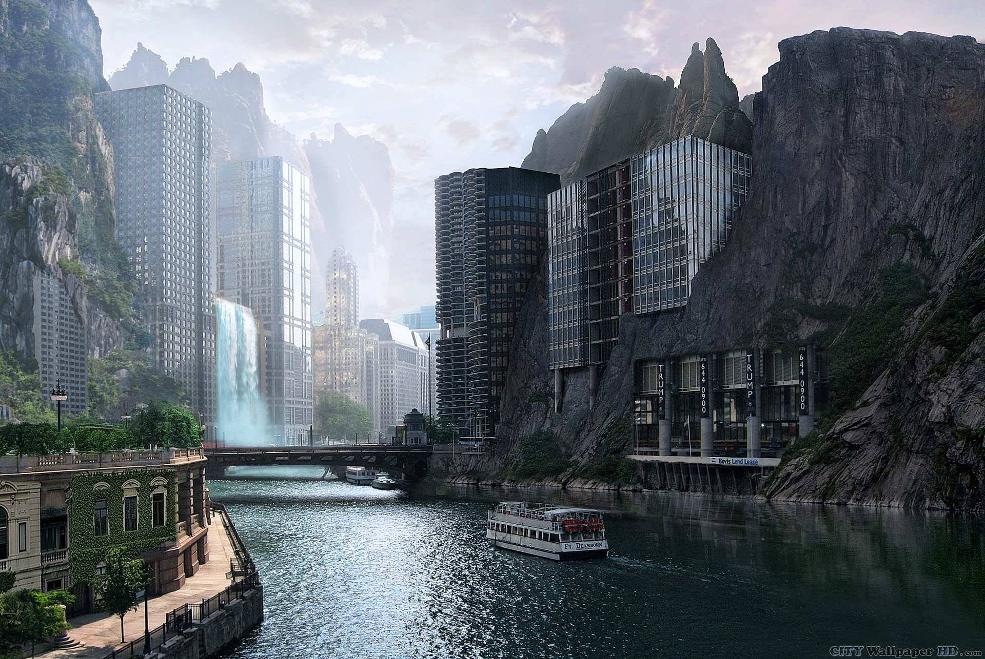 Stunning Futuristic City With Waterfall Background