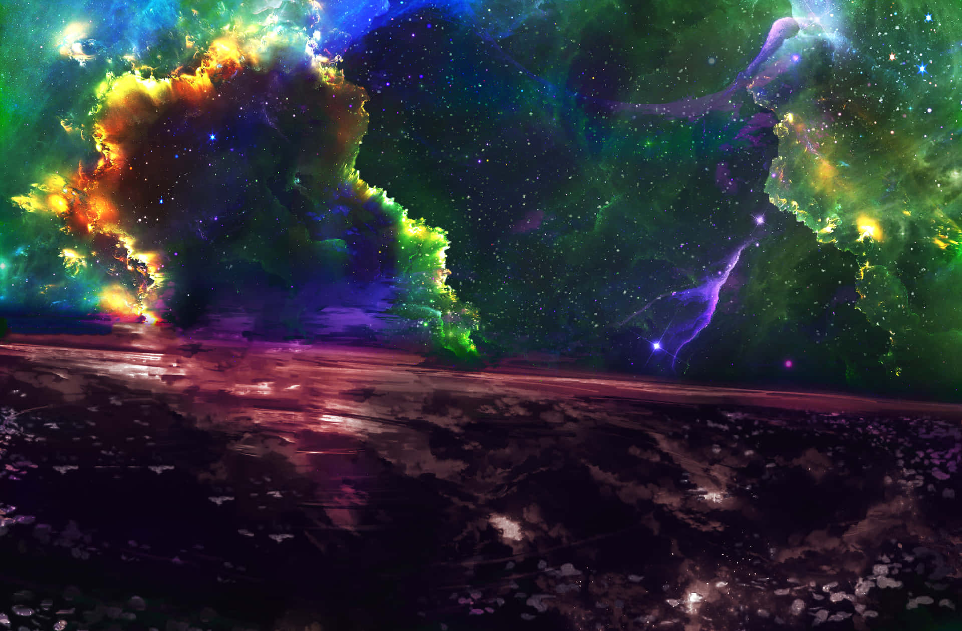 Stunning Green And Blue Nebulae In A Galactic Sea Background