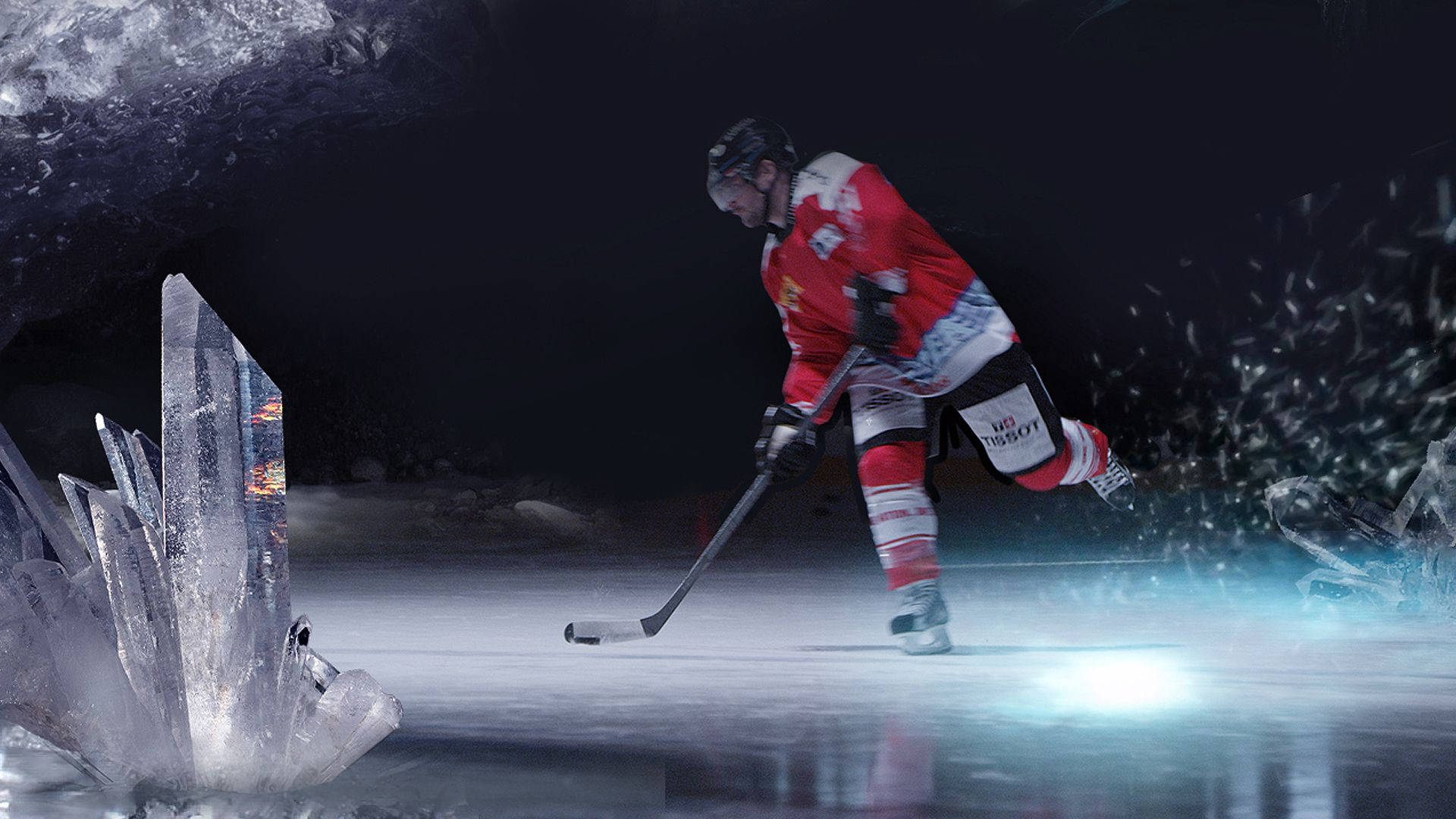 Stunning Ice Hockey Player With Ice Crystals Background
