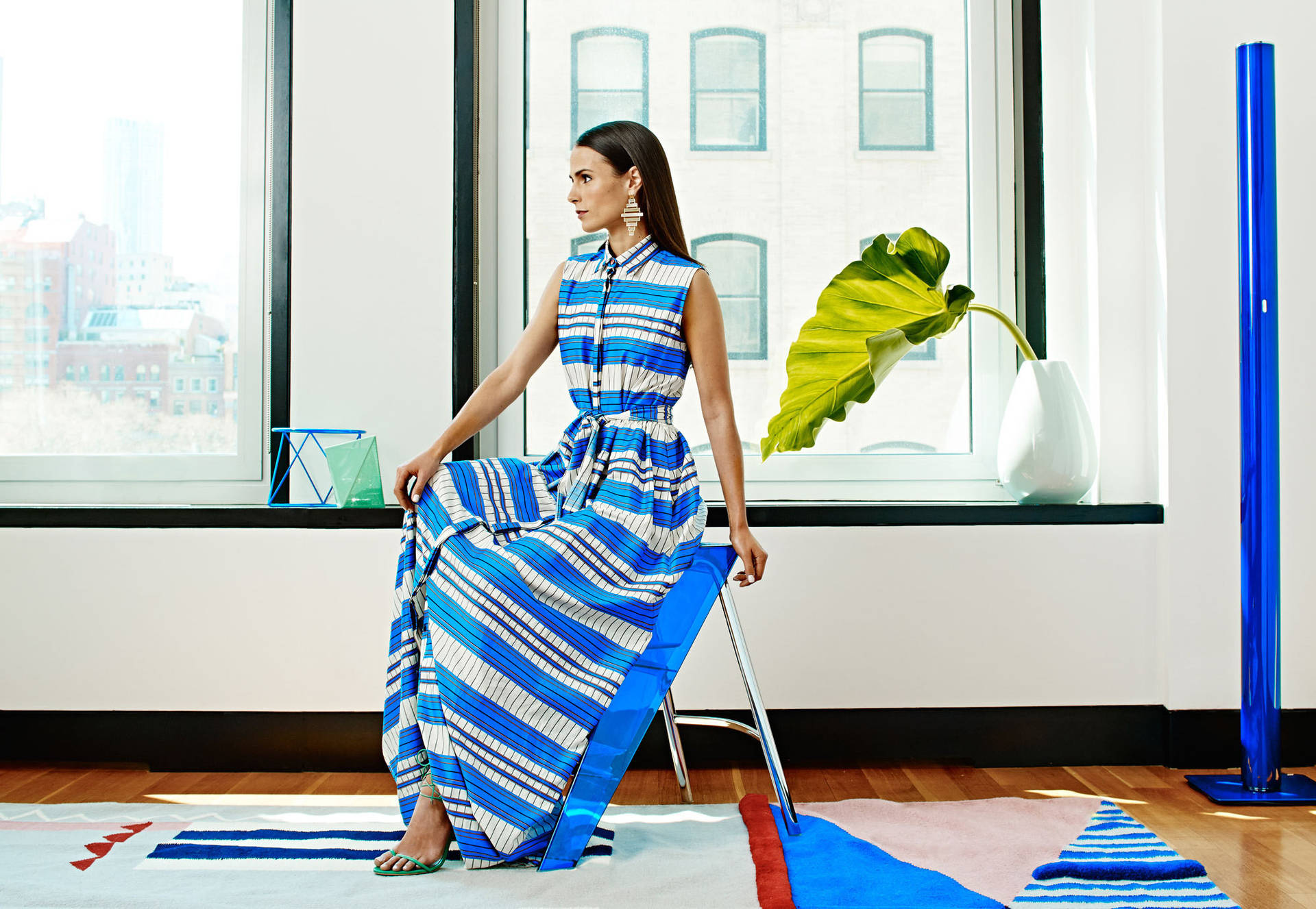 Stunning Jordana Brewster In A Striped Blue Dress Background