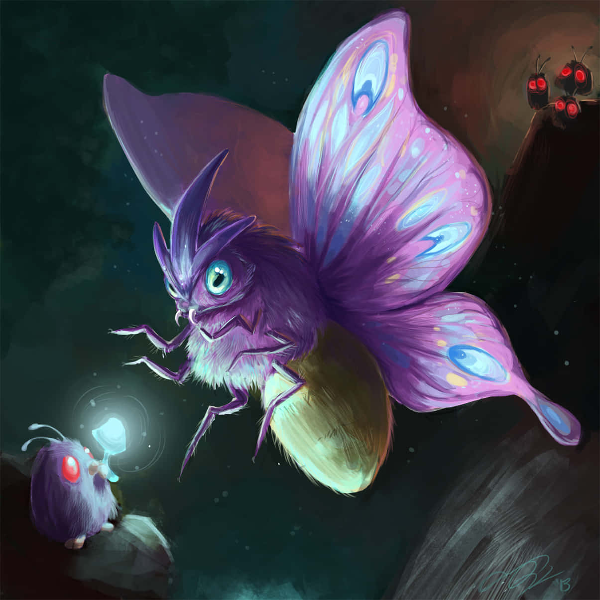 Stunning Nightscene With Venonat, Venomoth And A Glowing Mushroom Background