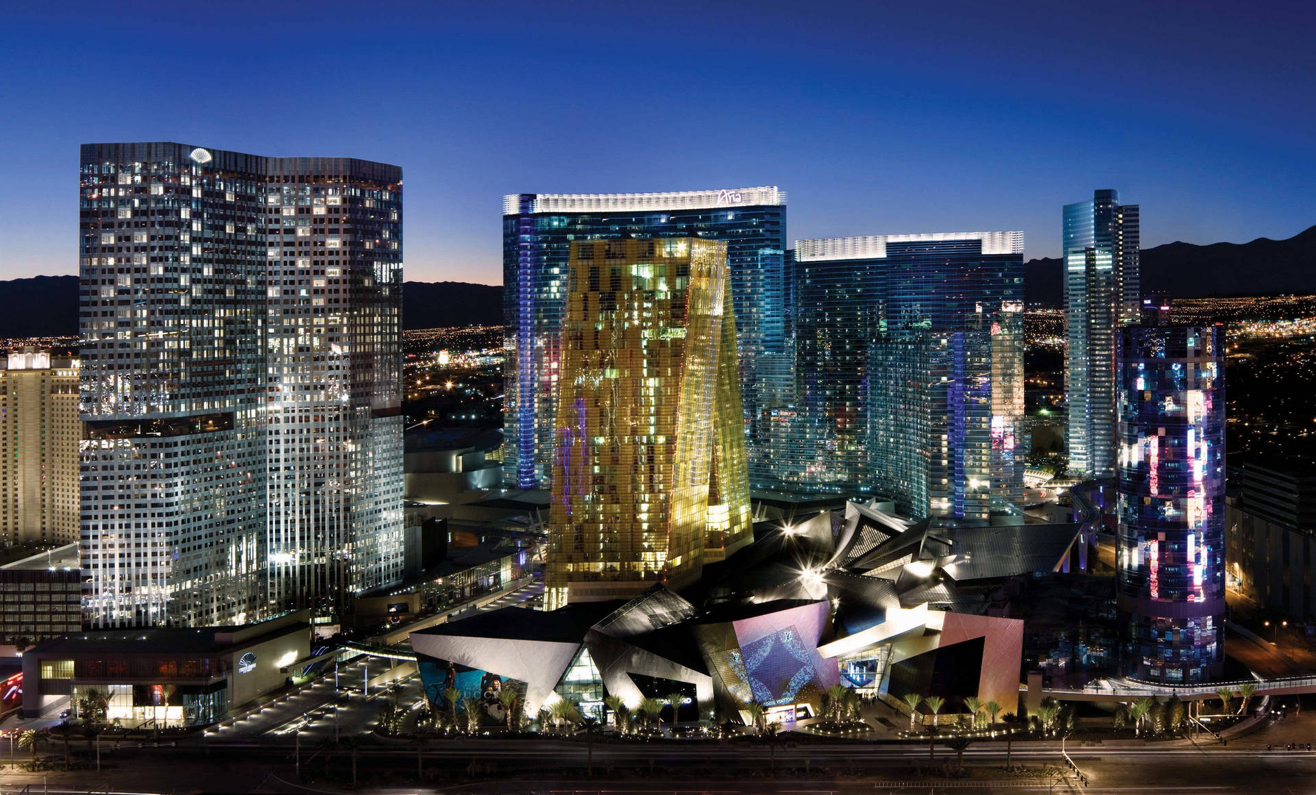 Stunning Nighttime View Of Las Vegas City Center Background