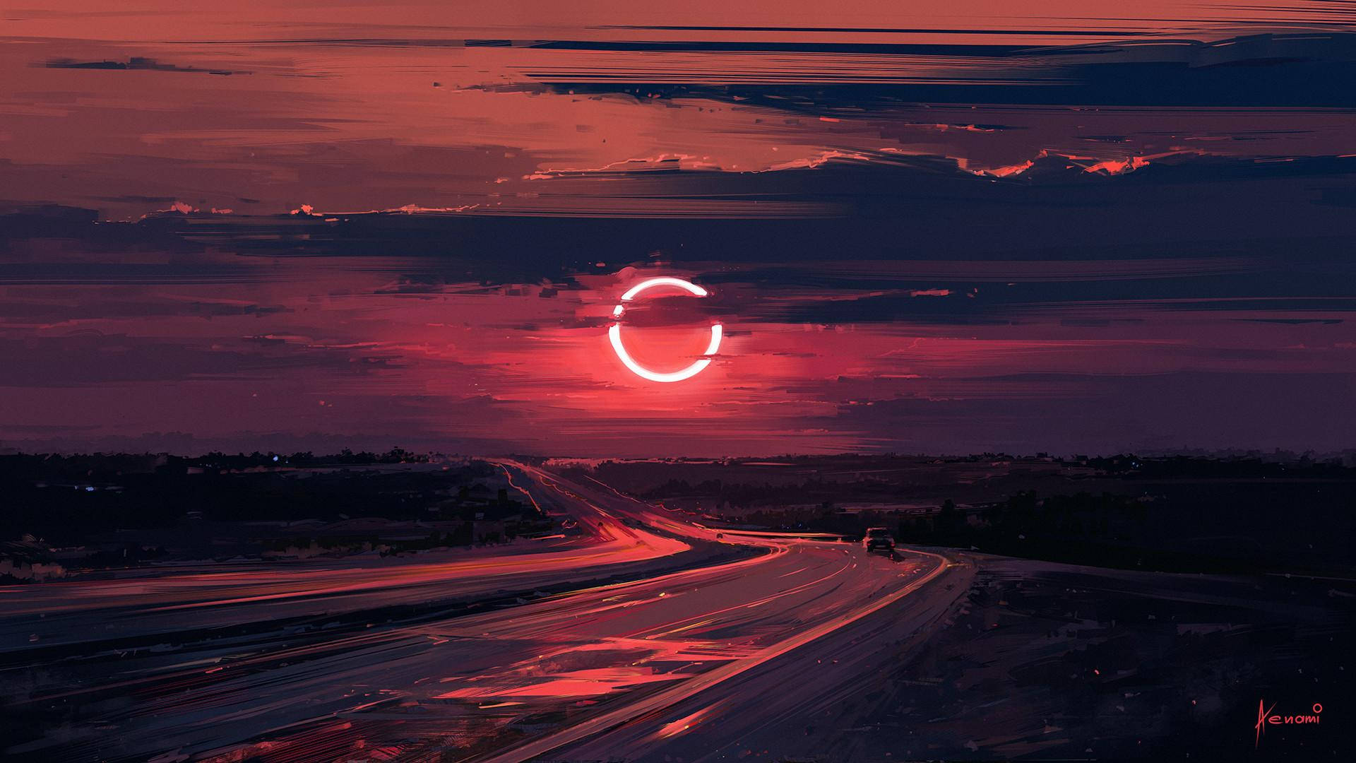 Stunning Solar Eclipse Over A Deserted Highway Background