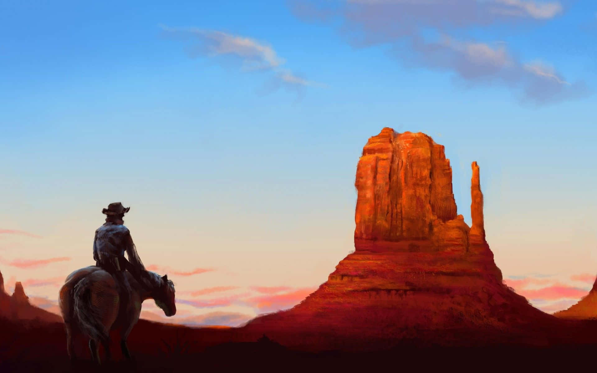 Stunning View Of A Cowboy In Western Landscape Background