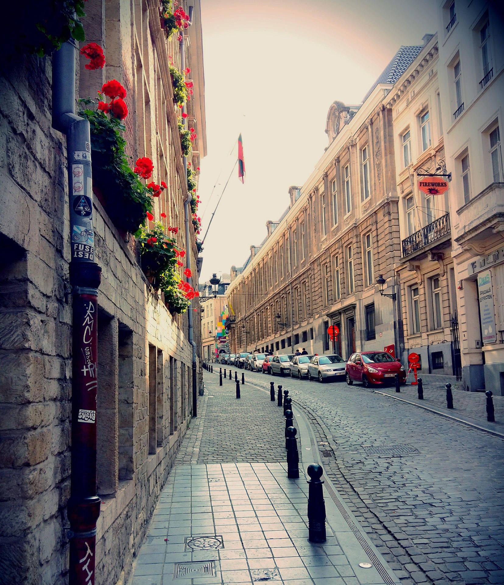 Stunning View Of Flower Decorated Balconies In Brussels Background