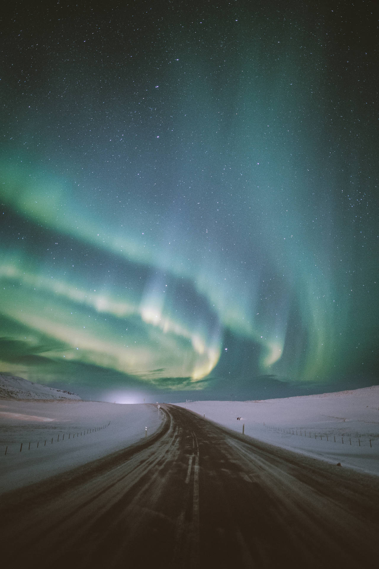 Stunningly Beautiful Snowy Road Northern Lights Background