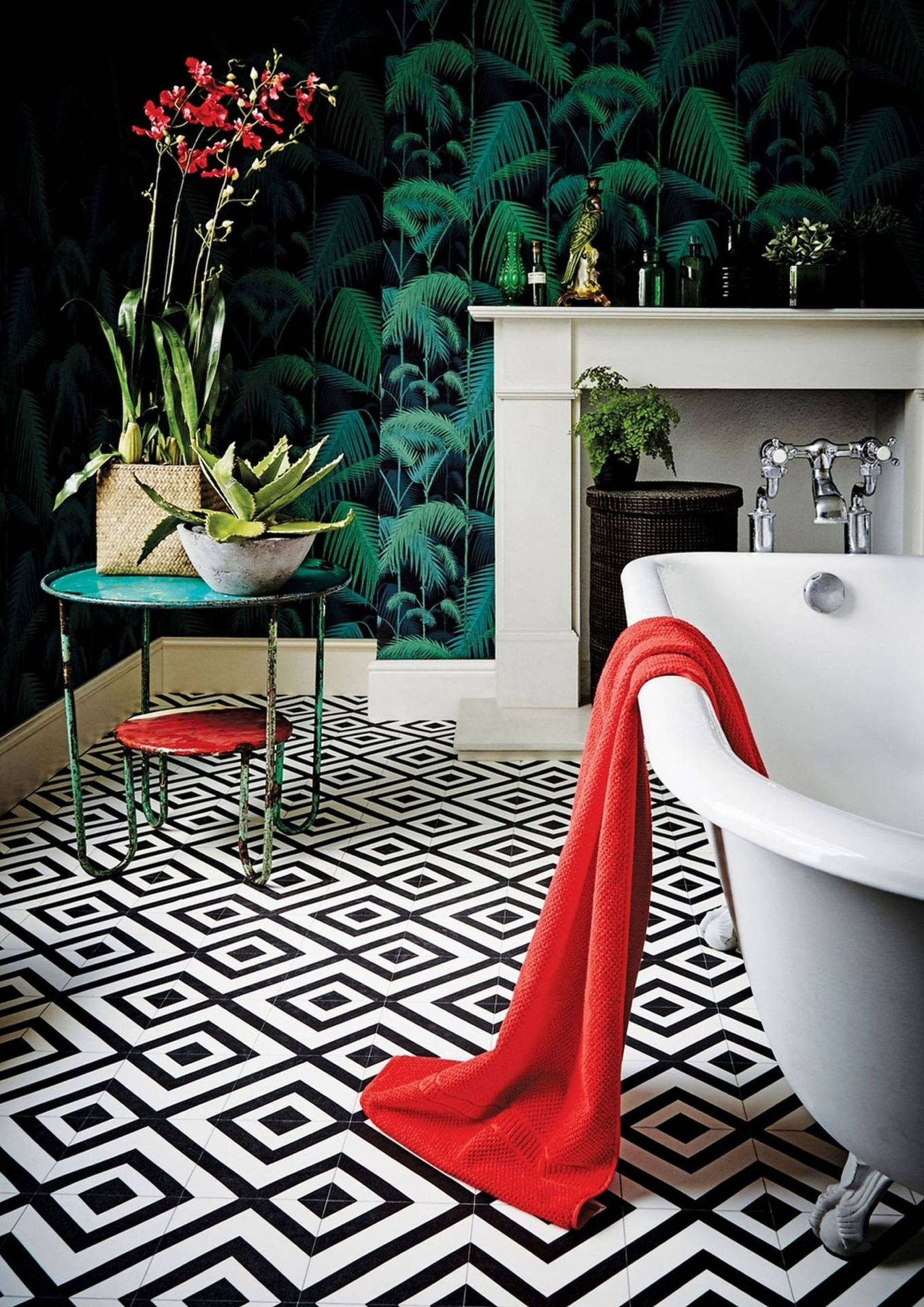 Stylish Bathroom With Geometric Pattern Floor Tiles Background