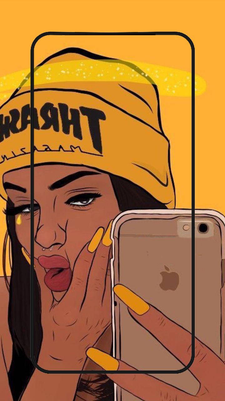 Stylish Black Girl Baddie In Yellow Beanie Background