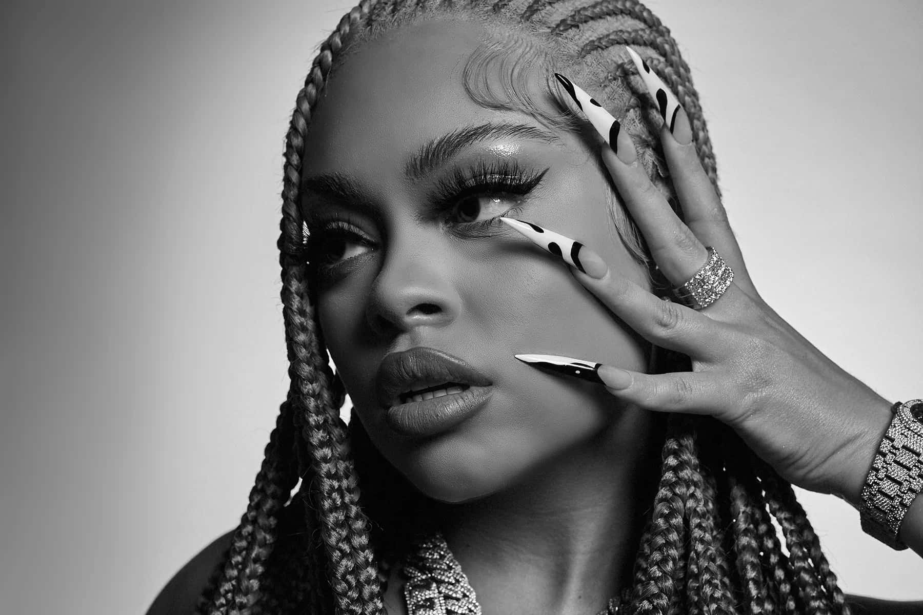 Stylish Blackand White Portraitof Womanwith Braids Background