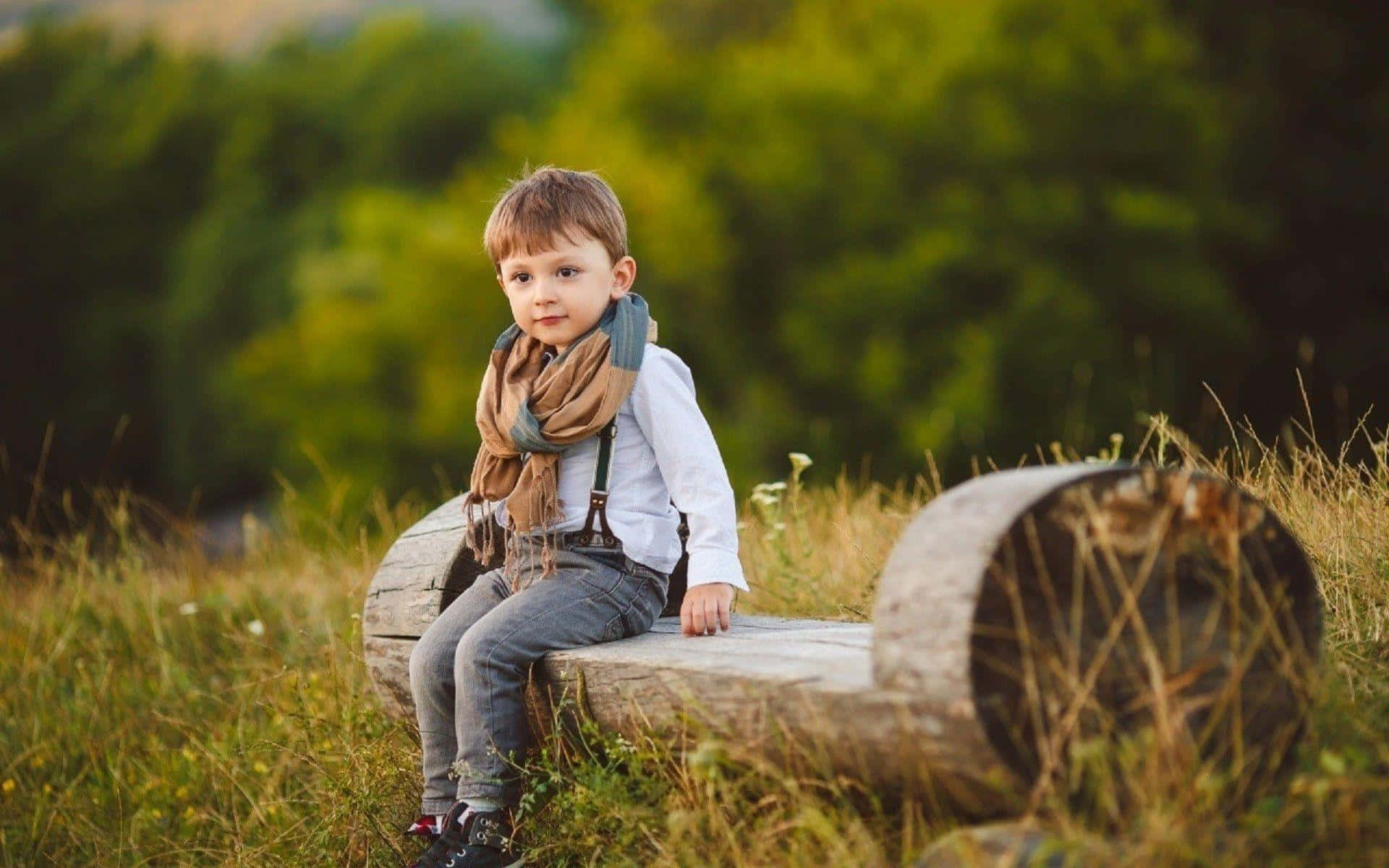 Stylish Boy Baby Sitting On Wood Log