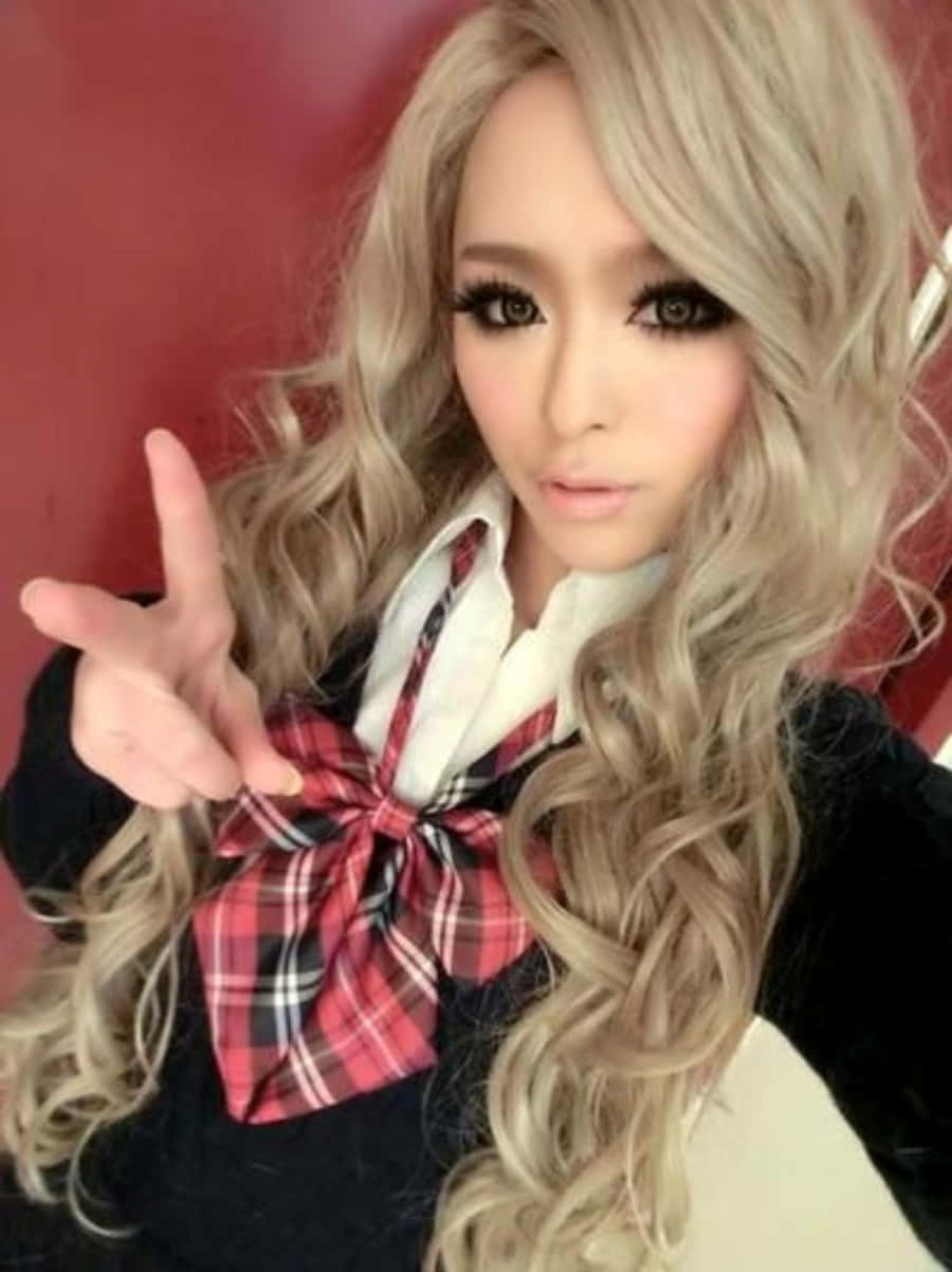 Stylish Gyaru Girl In Trendy Outfit And Makeup Background
