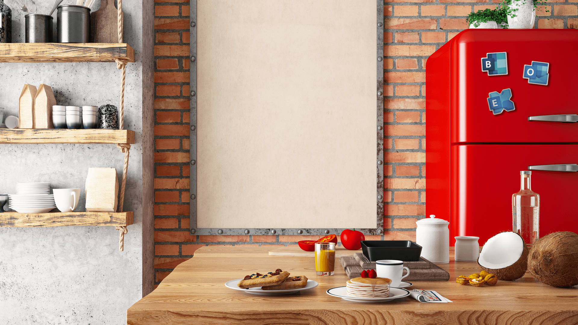 Stylish Kitchen Interior With Red Refrigerator Background