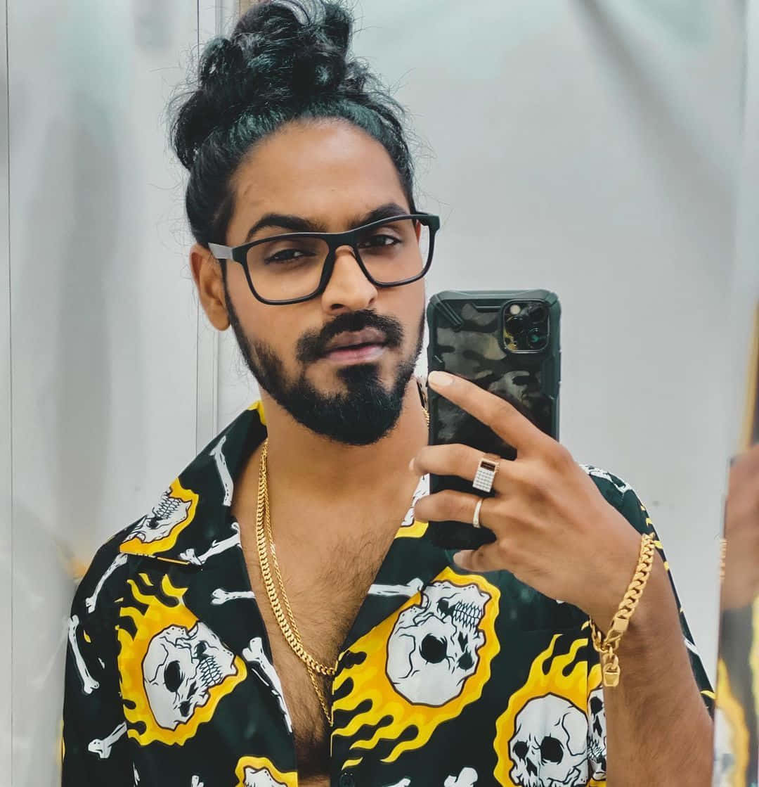 Stylish Man Selfiewith Skull Print Shirt