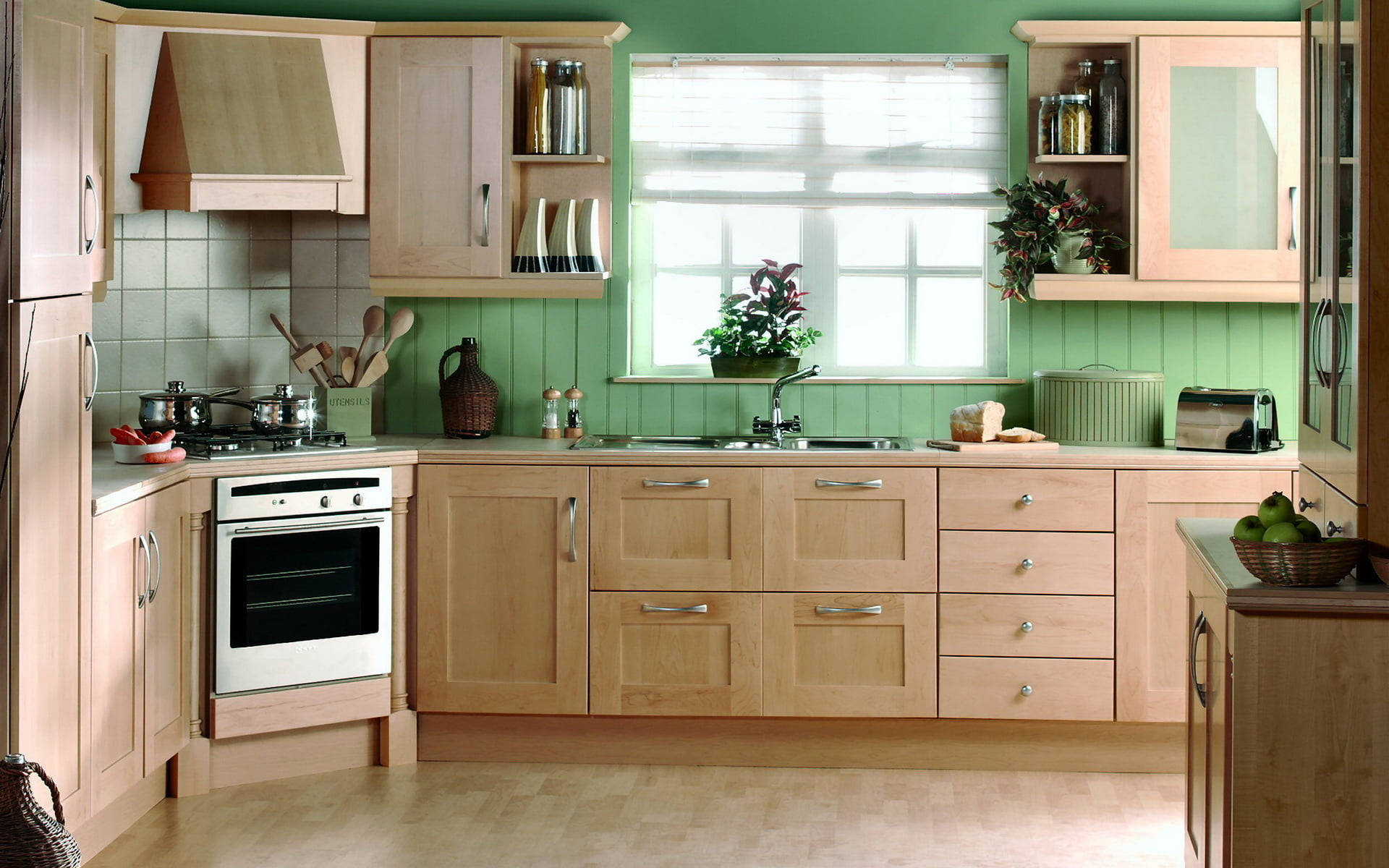 Stylish Wooden Kitchen Design Complemented By Green Walls Background