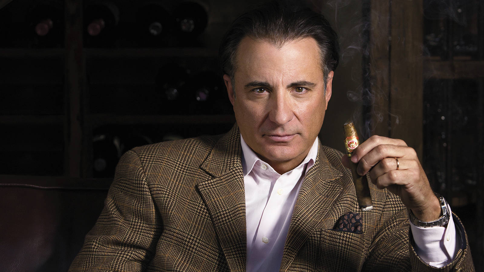 Suave Andy Garcia Holding A Cigar Background