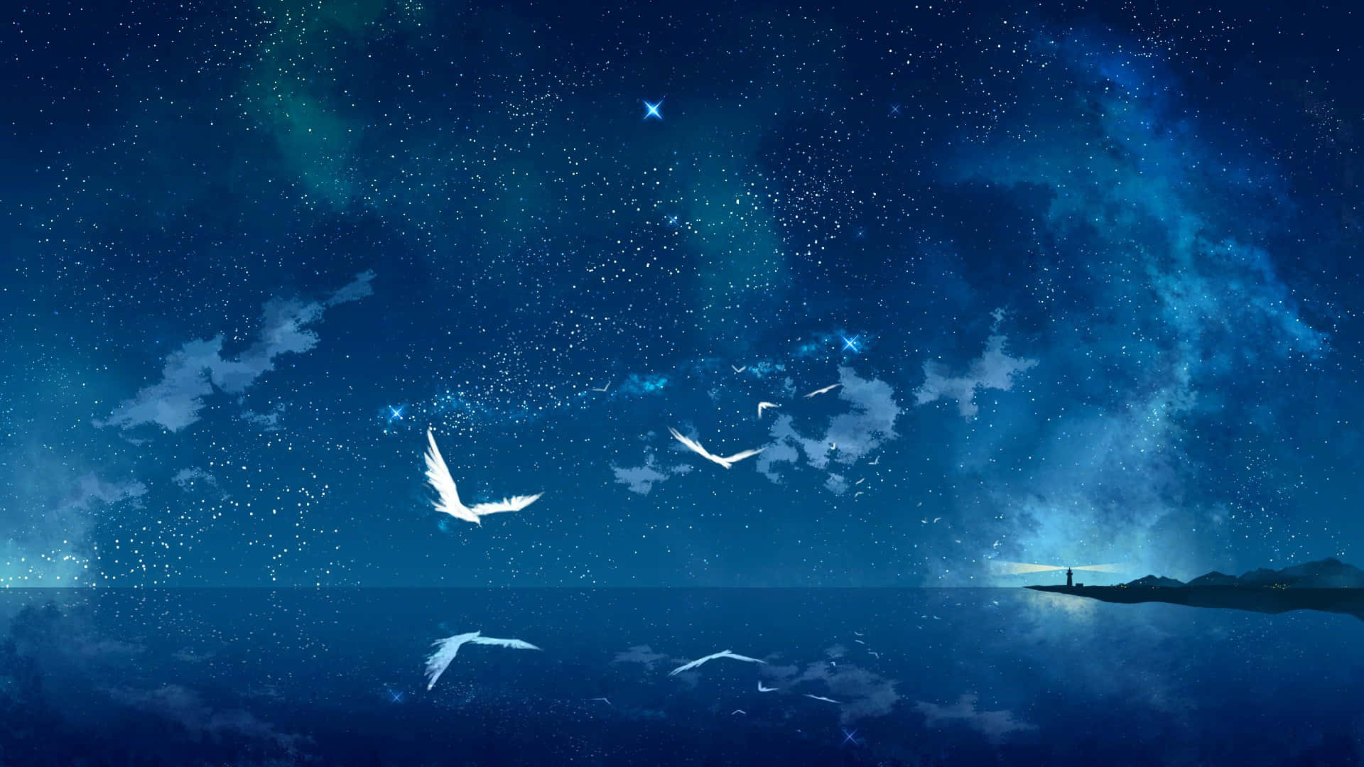 Subtle Anime Lighthouse And Starry Sky Background