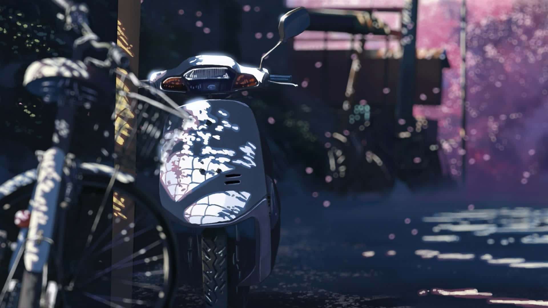 Subtle Anime Motorbike And Bicycle Scene Background