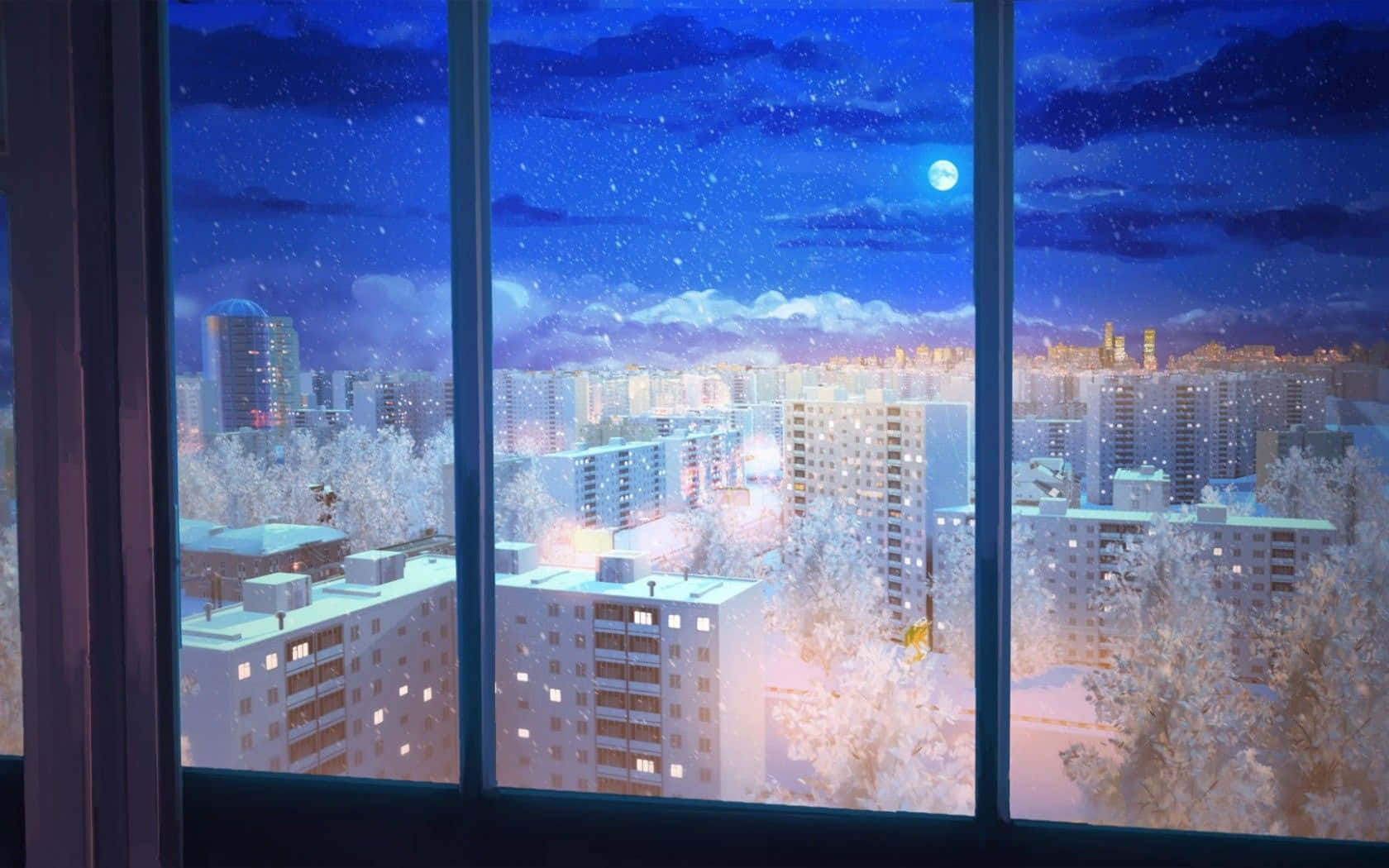 Subtle Anime Snow Season In The City Background