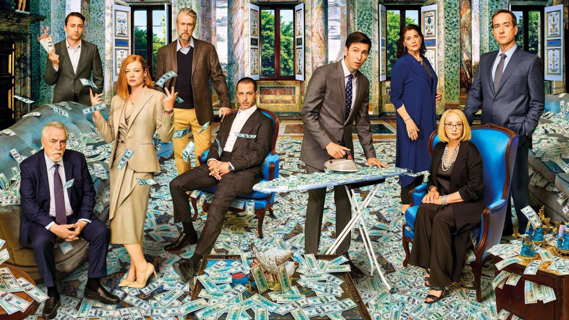 Succession Cast In Money Room Background
