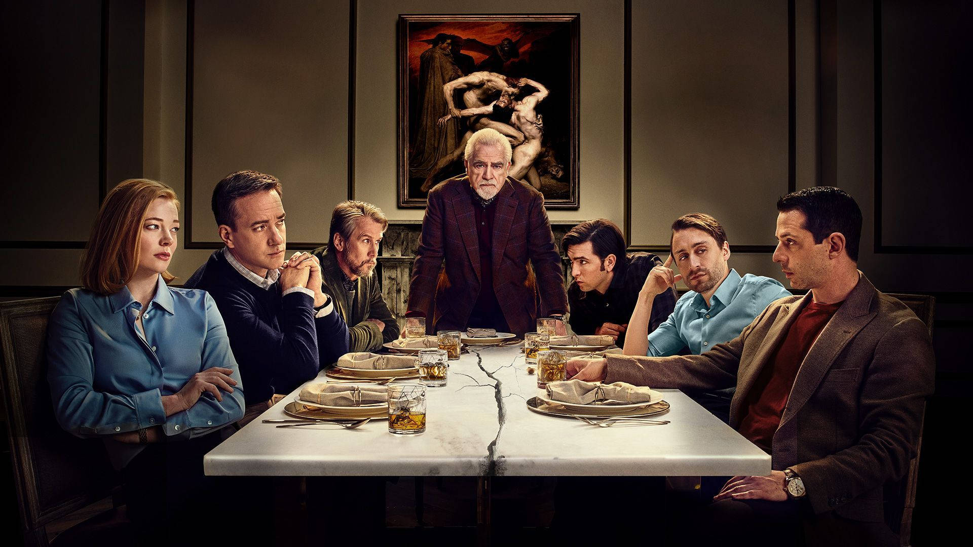 Succession Roy Family In Dinner Table Background