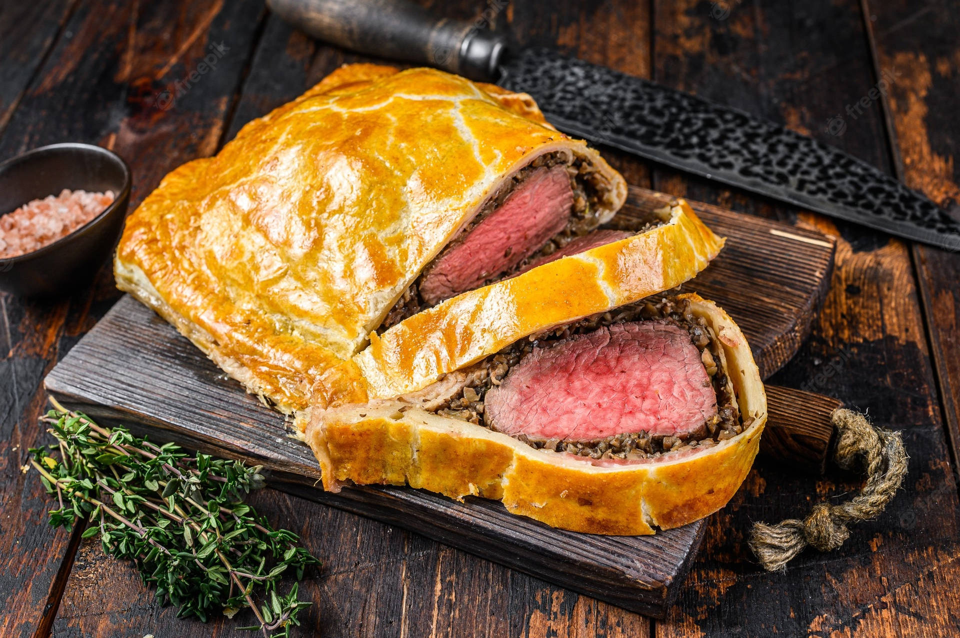 Succulent Beef Wellington On A Chopping Board Background