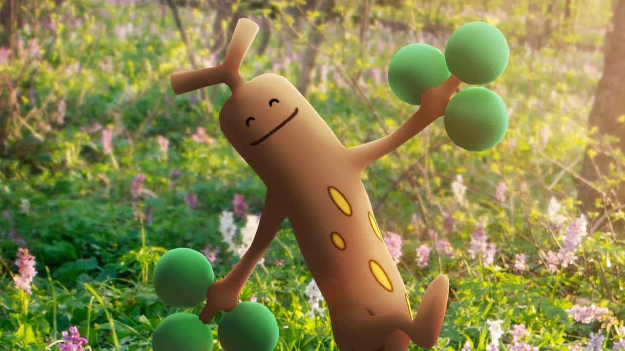 Sudowoodo Walking Joyfully In A Flower Field Background