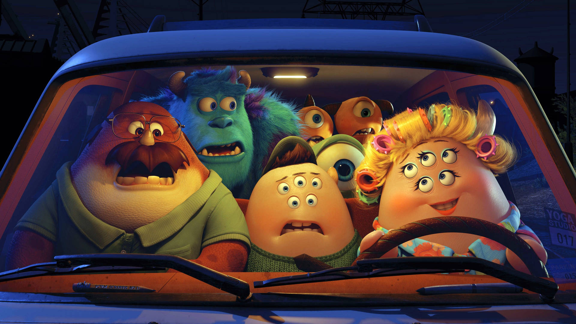 Sulley With Monsters In Car Background