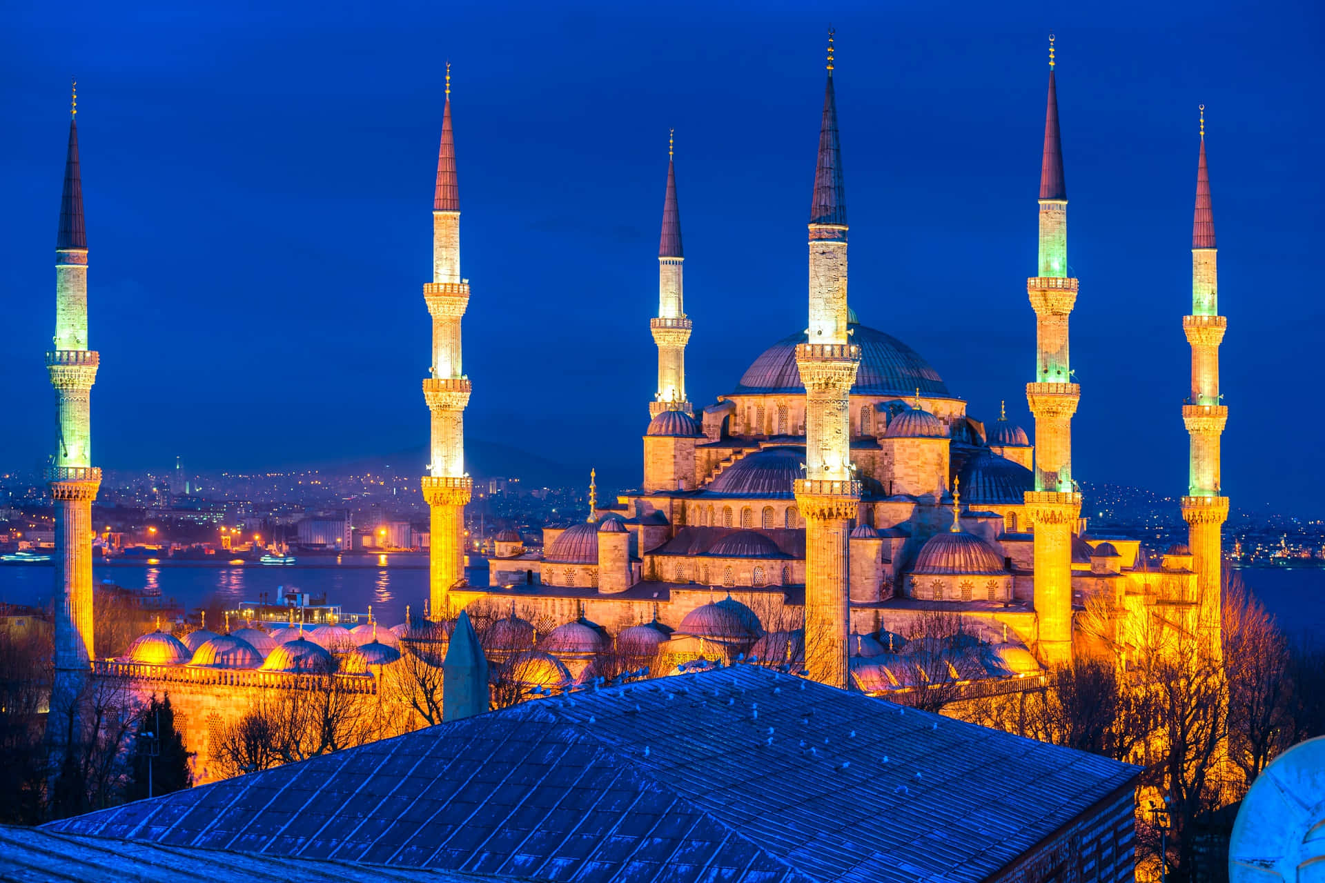 Sultan Ahmed Mosque Lighted Minarets Evening Background