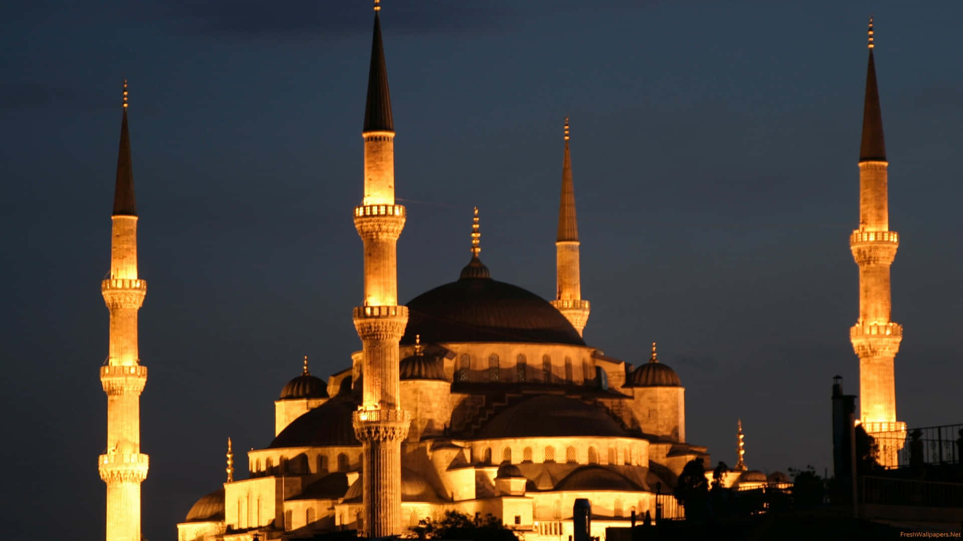 Sultan Ahmed Mosque Minarets With Lights Background