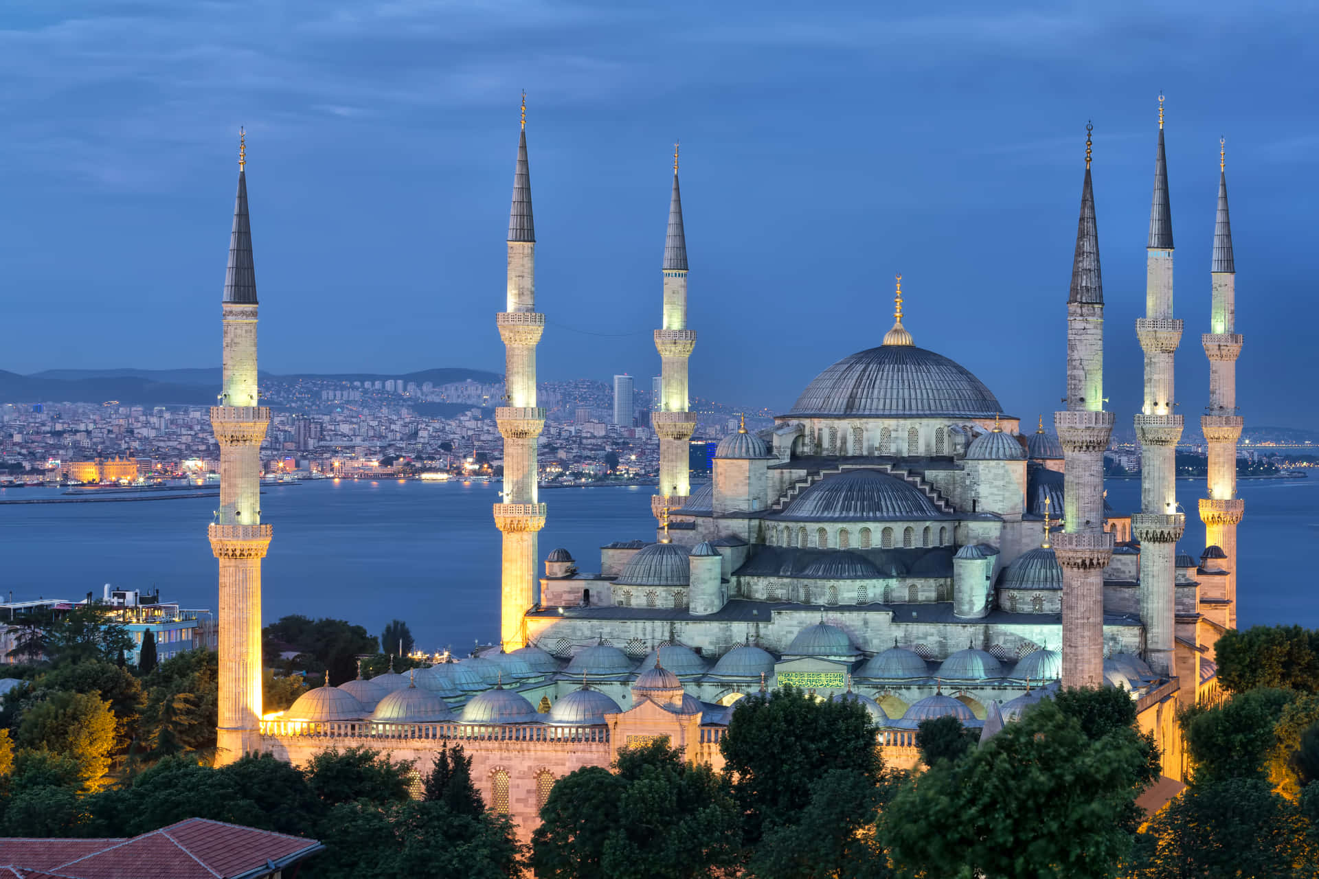 Sultan Ahmed Mosque Six Minarets Evening Background