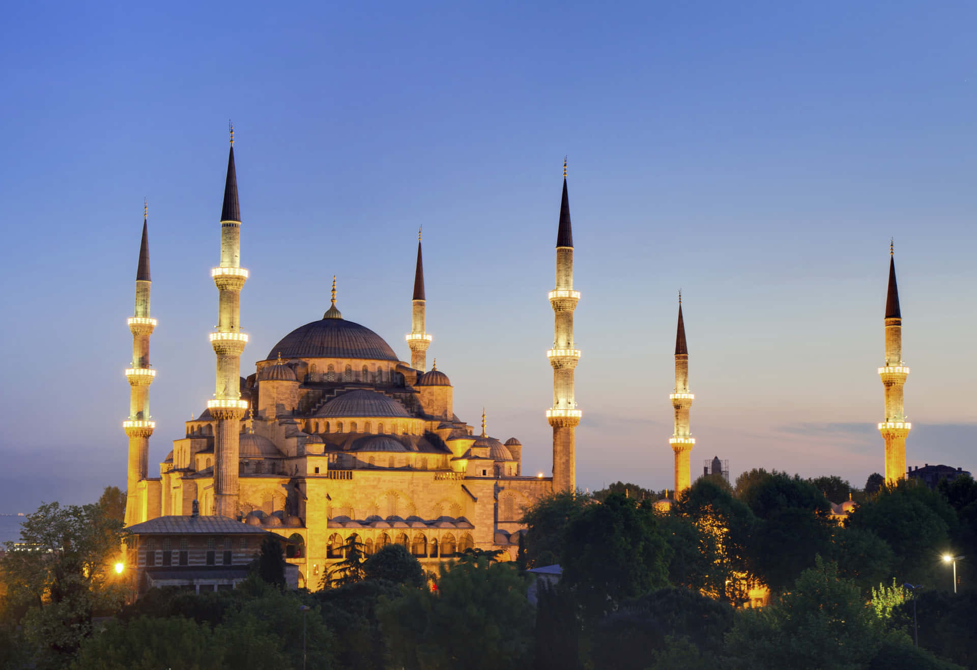 Sultan Ahmed Mosque Six Minarets Illuminated Background
