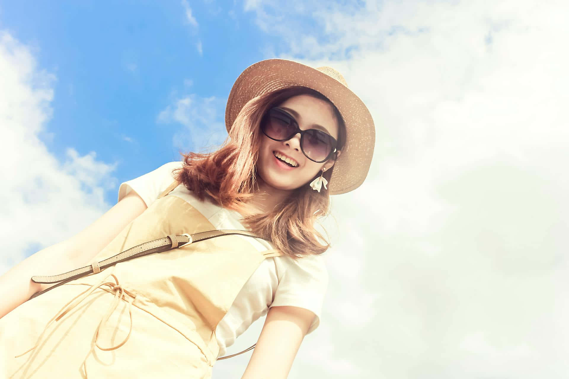 Summer Joy Smiling Woman With Hat And Sunglasses Background