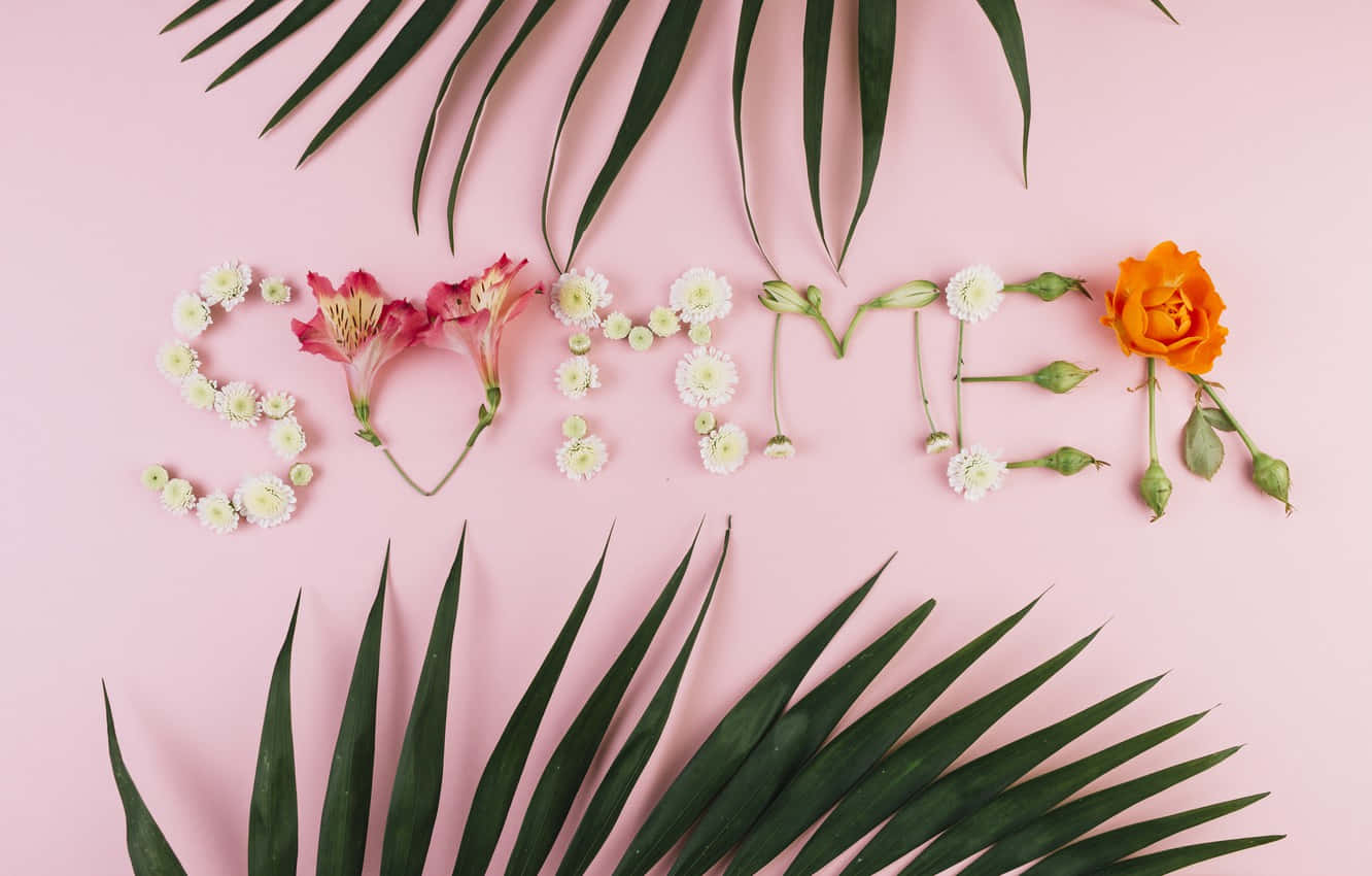 Summer Word Made Of Flowers And Leaves On A Pink Background Background