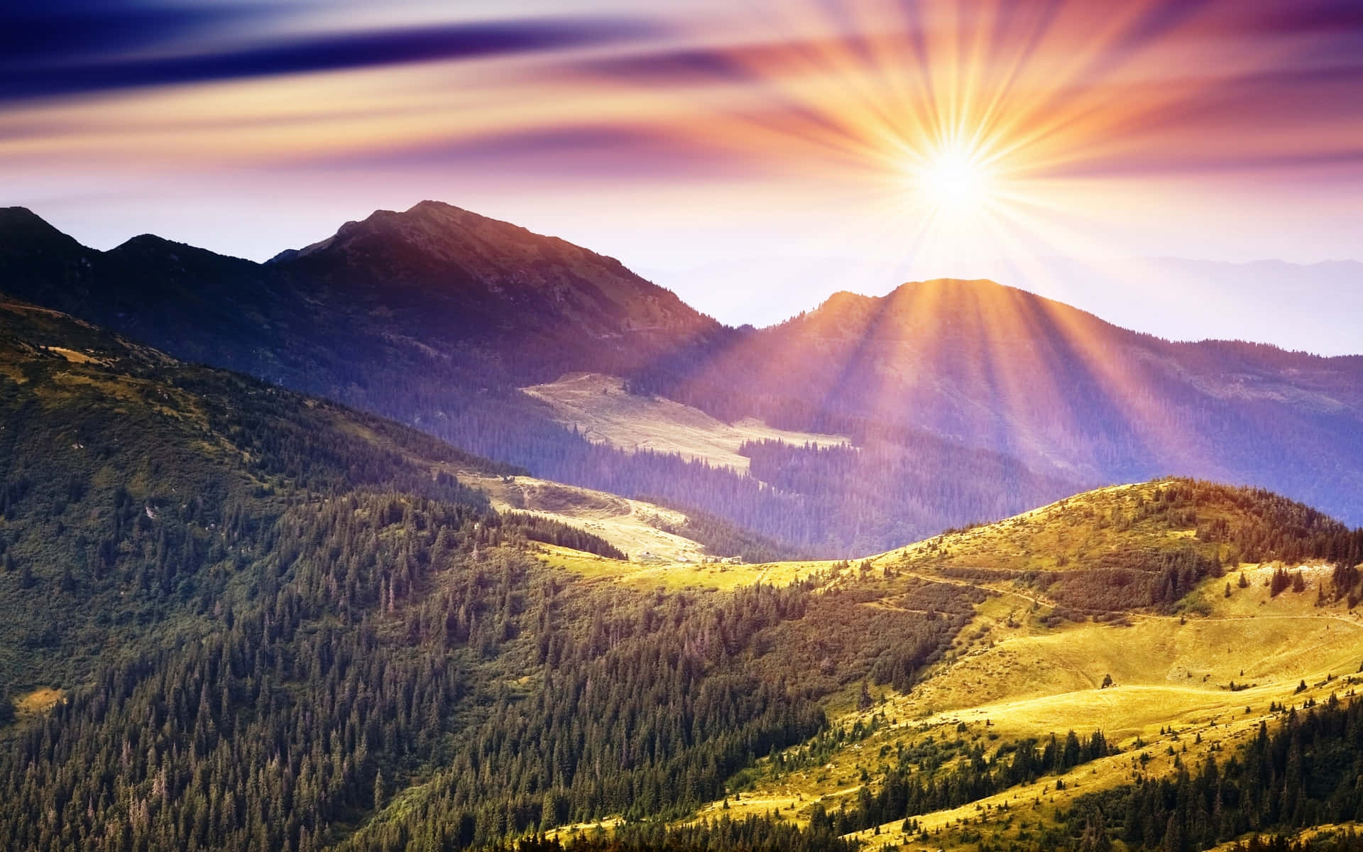 Sun Rise Over Mountainous Landscape Background