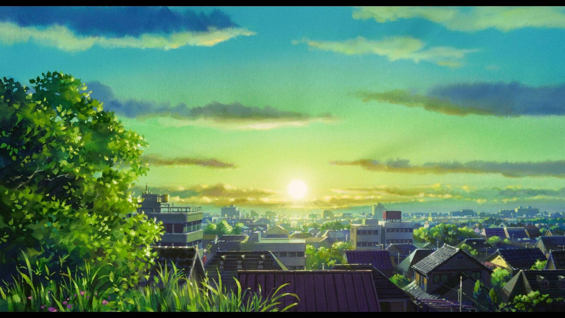 Sun Rising Green Anime Aesthetic Background