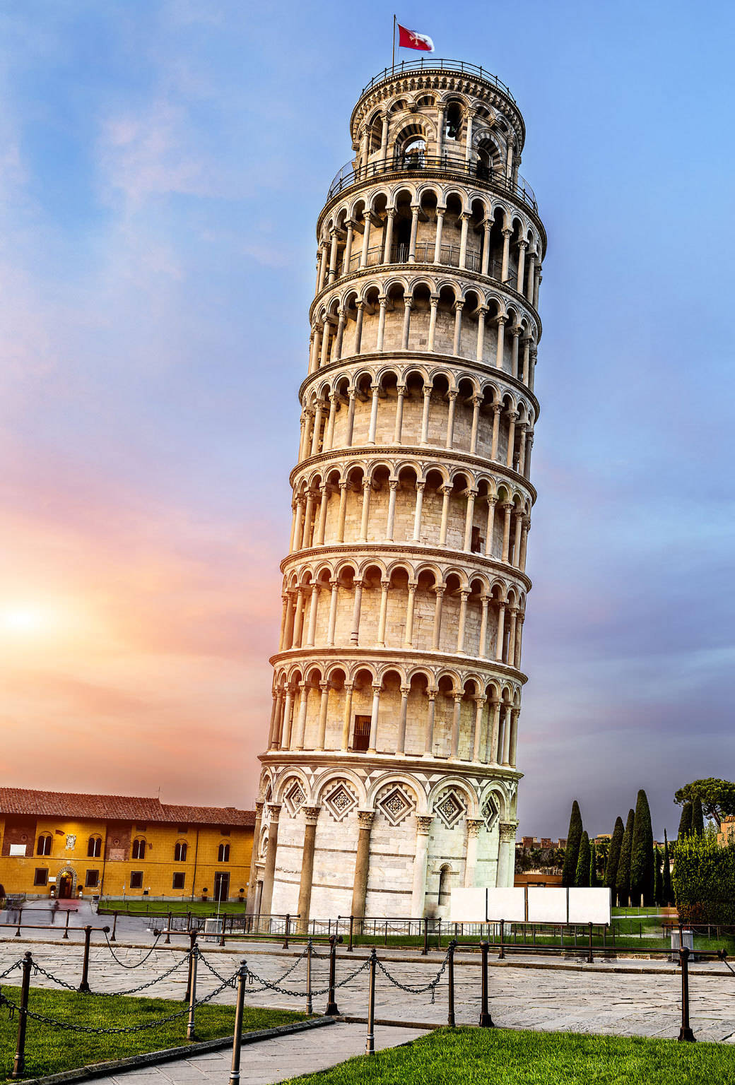 Sun Setting Behind Pisa Tower Background