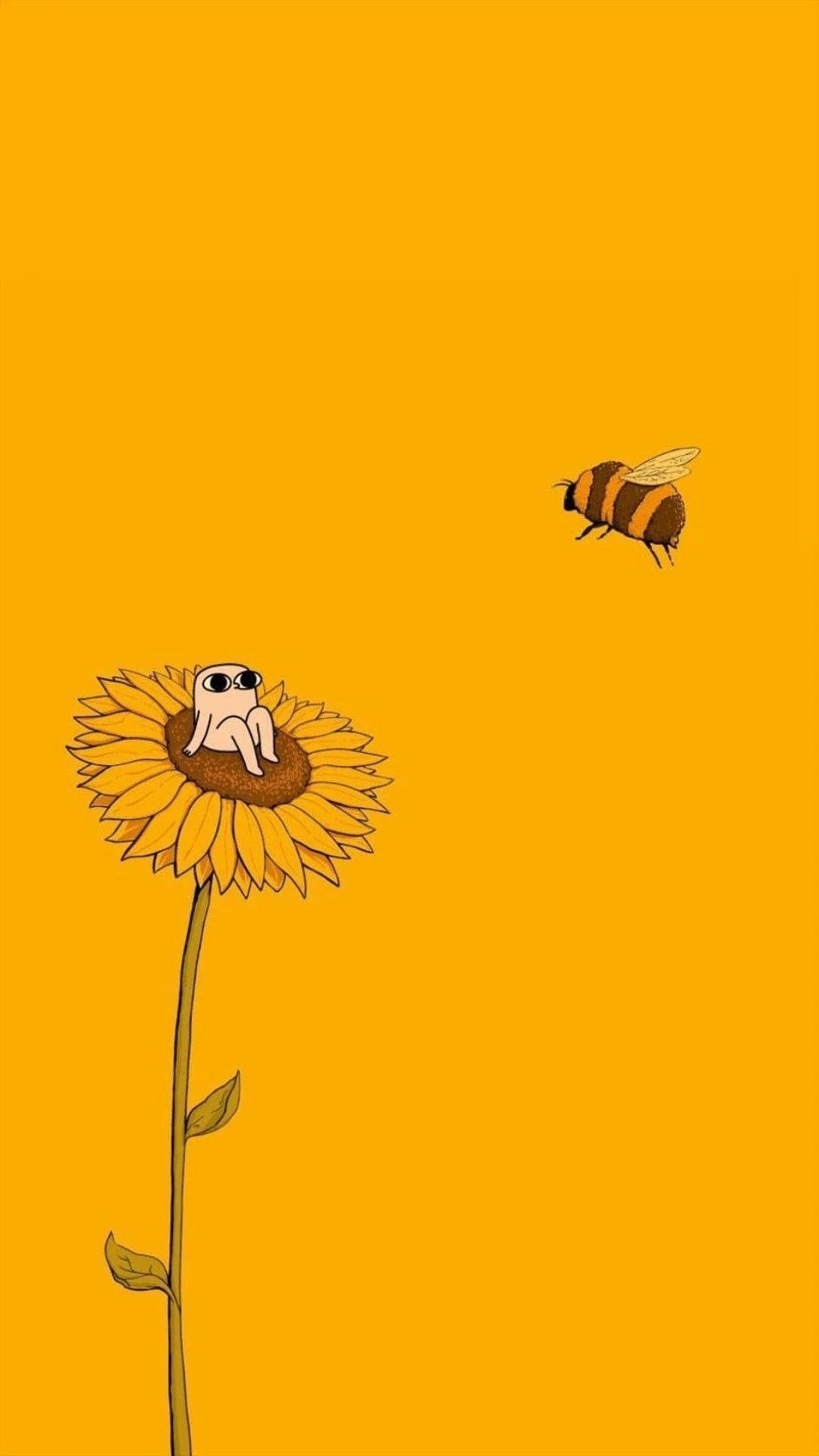 Sunflower And Bee Orange Background Background