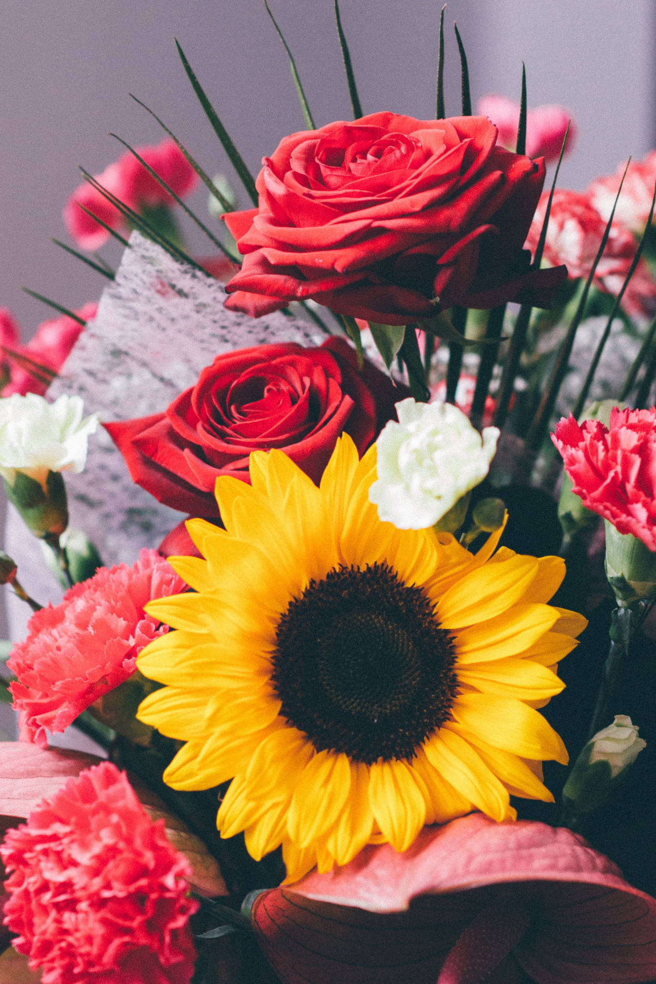 Sunflower And Roses Flower Vase Arrangement Background