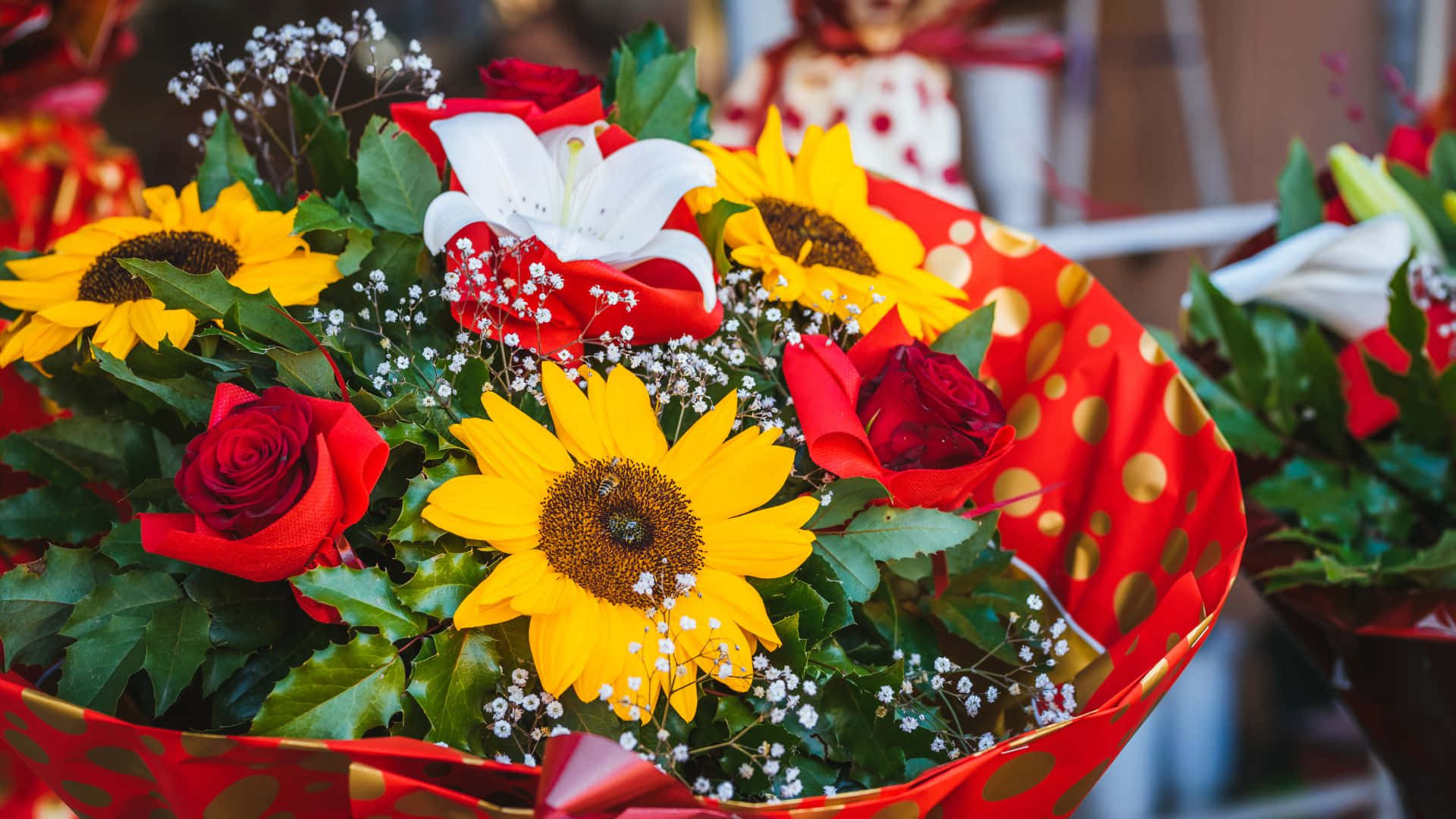 Sunflowers And Roses In Basket