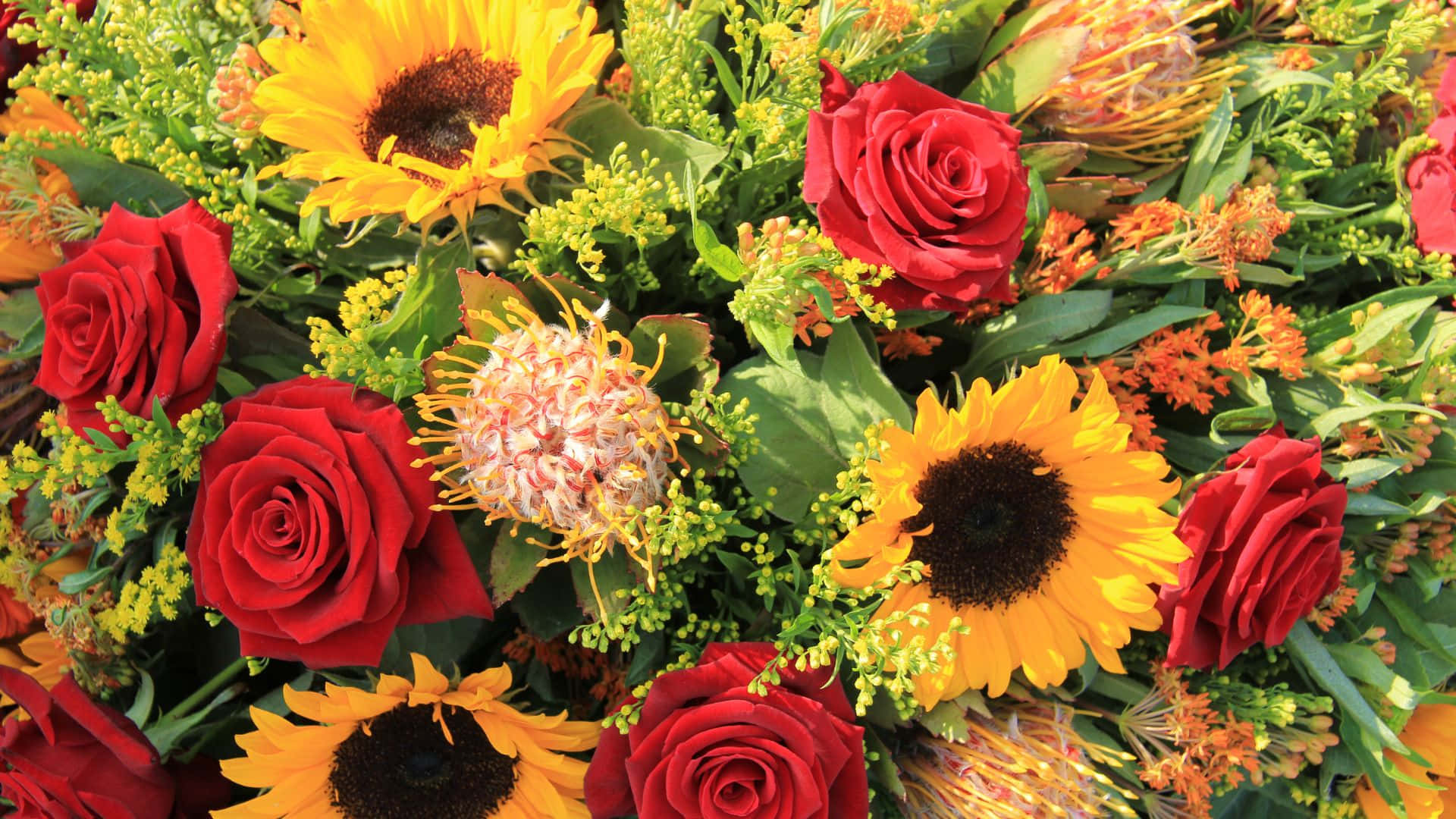 Sunflowers And Roses Large Bouquet Background