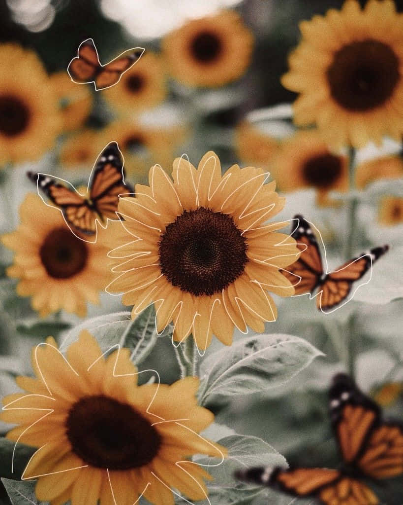 Sunflowers With Butterflies In The Background Background