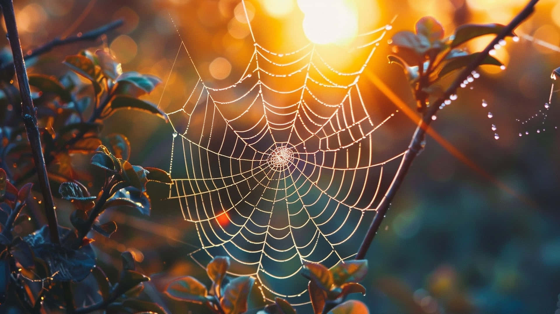 Sunlit Dewy Spider Web Background