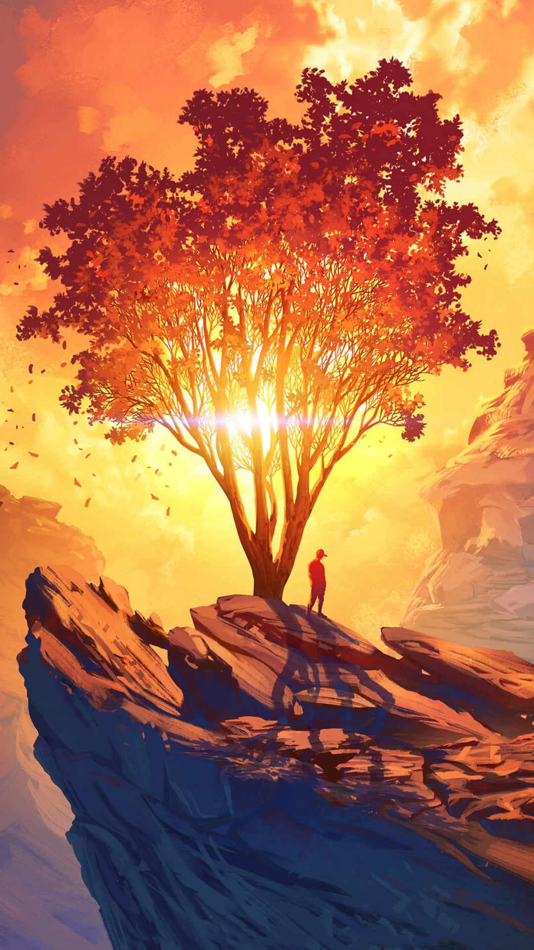 Sunlit Tree Cliffside Silhouette Background