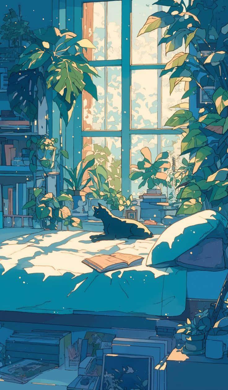 Sunny_ Anime_ Room_with_ Cat Background