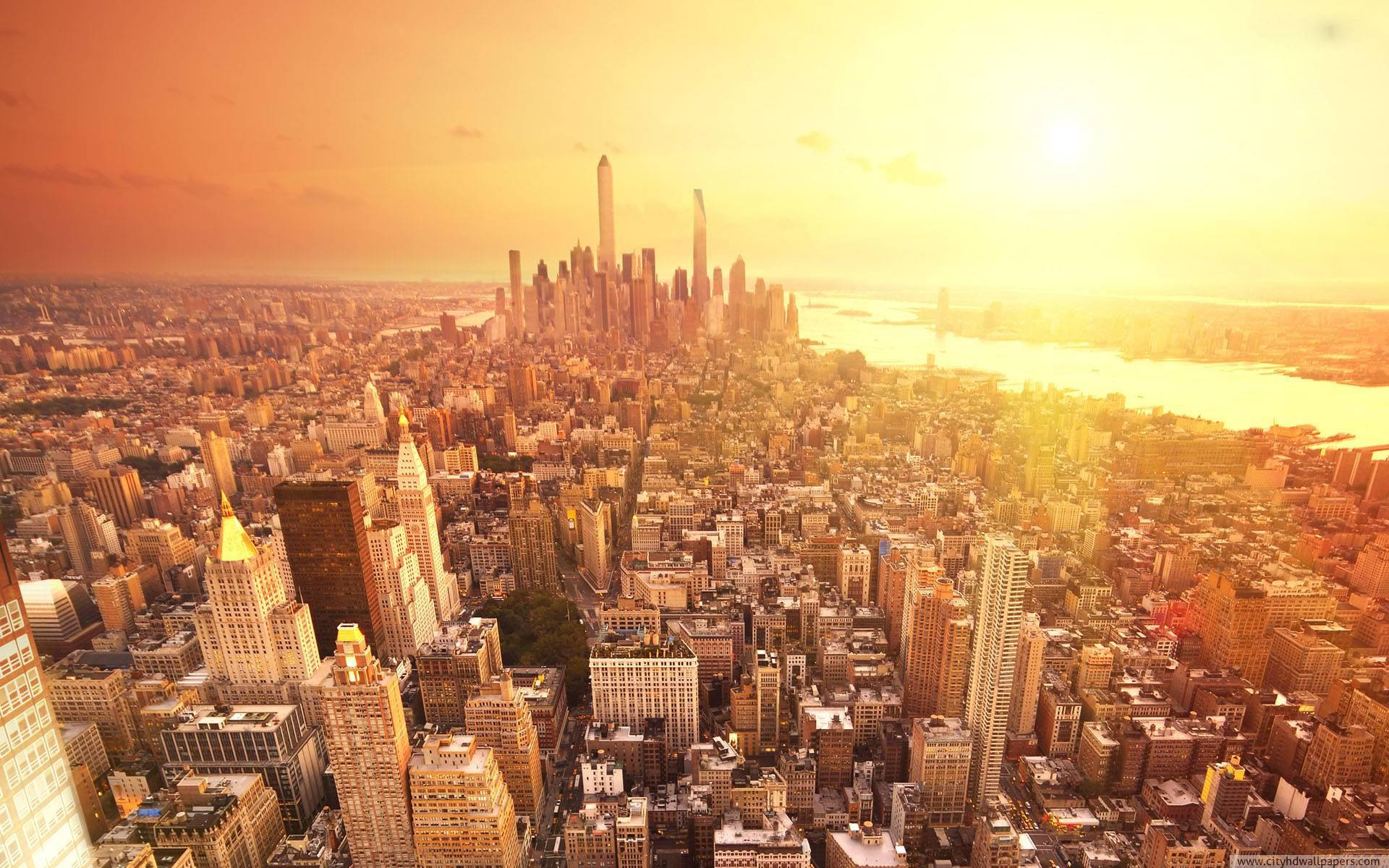 Sunrise Glowing On New York Skyline Background