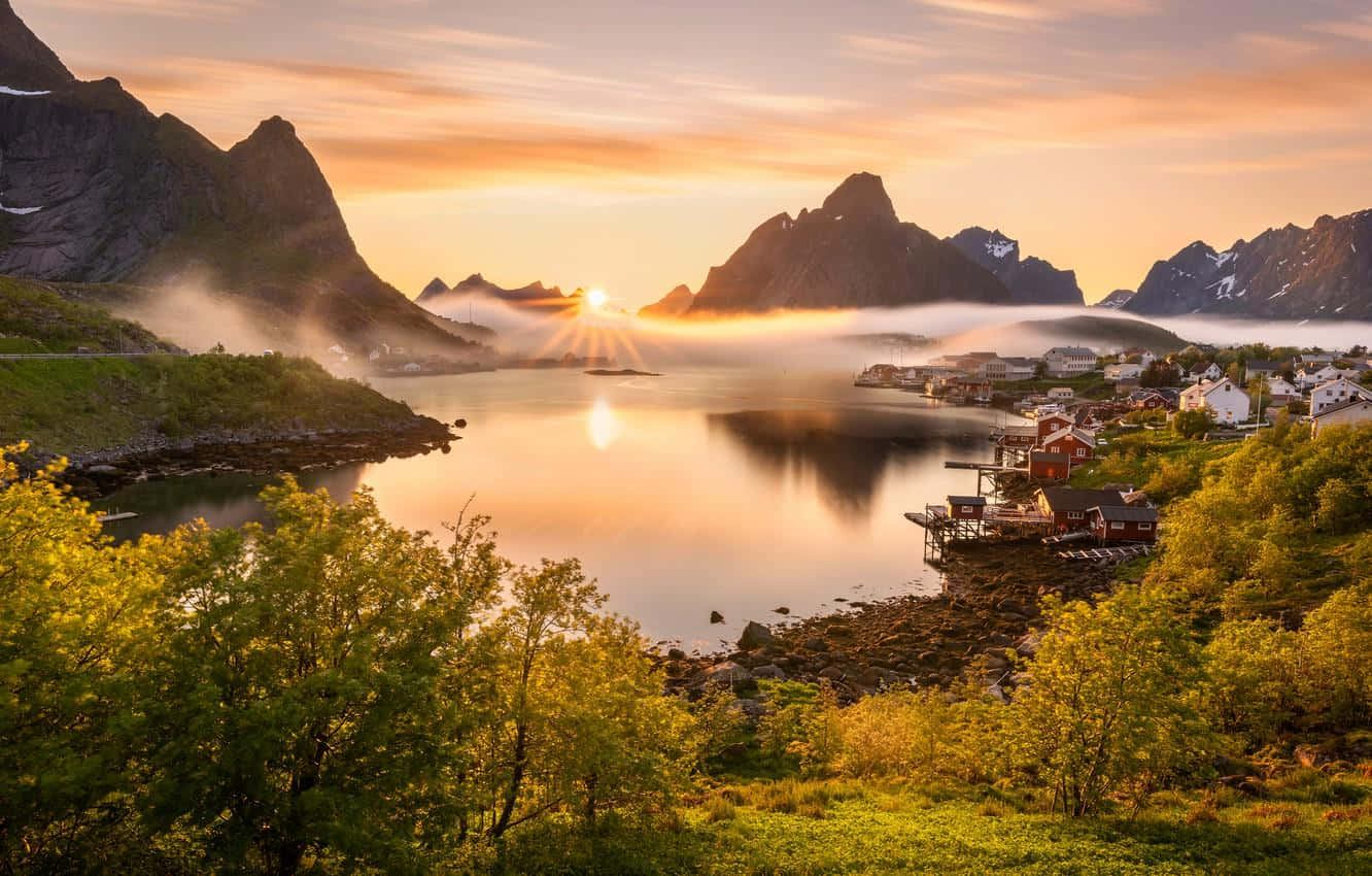 Sunrise Over Lofoten Village Norway Background