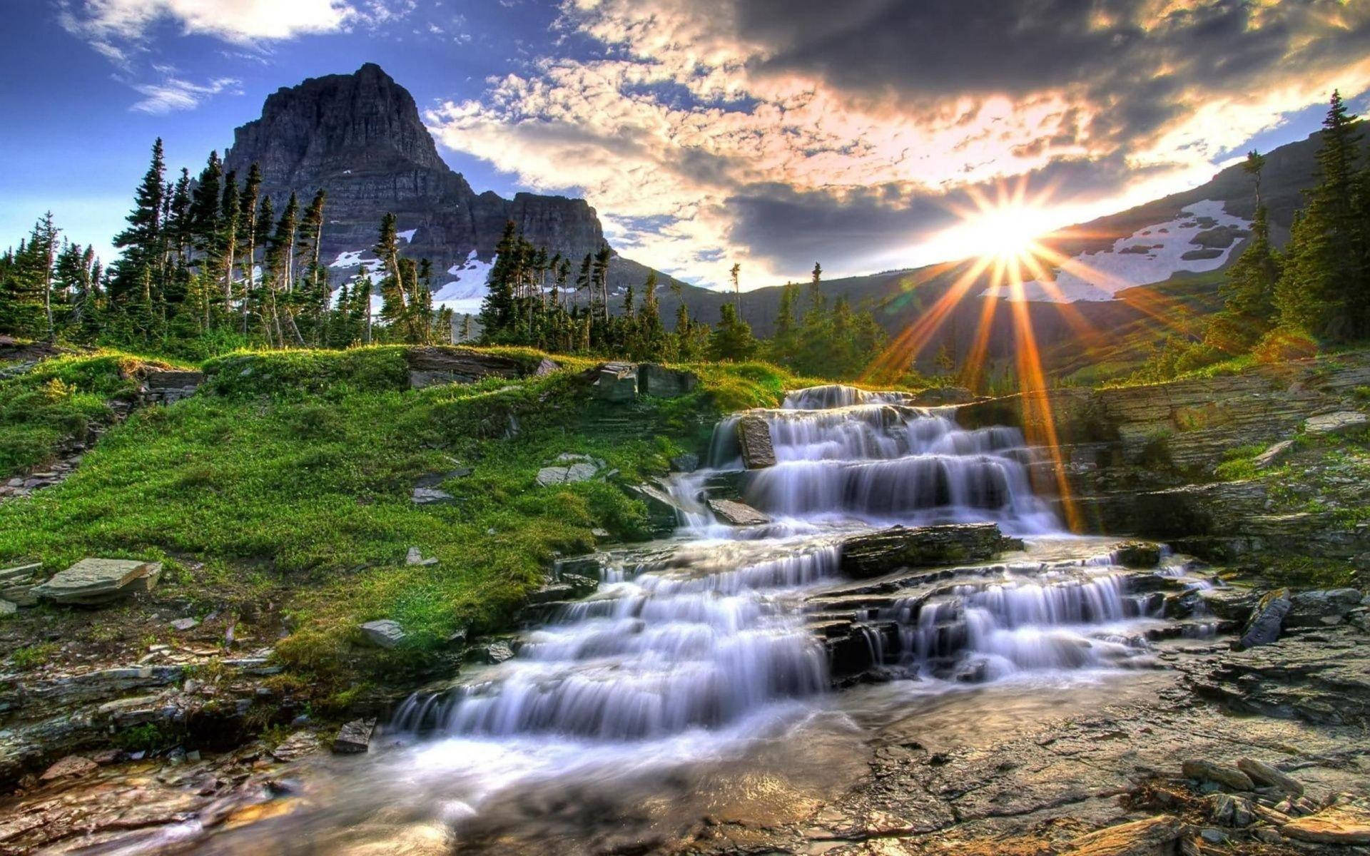 Sunrise Waterfall Glacier National Park Background