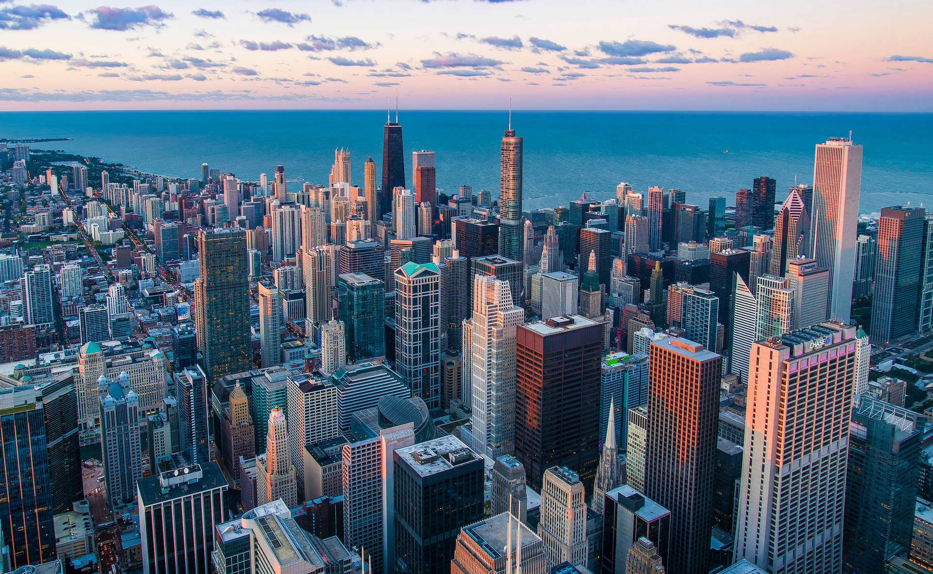 Sunset Aerial Shot Chicago Skyline Background