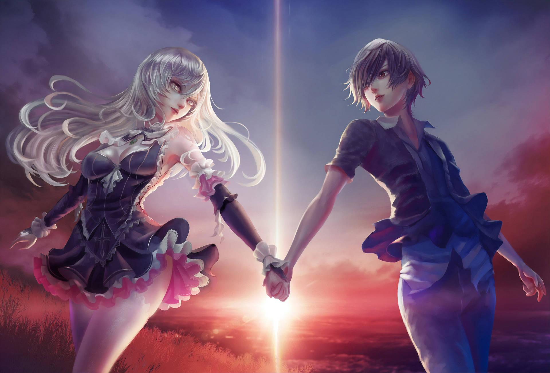 Sunset Aesthetic Anime Couple Digital Paint Background